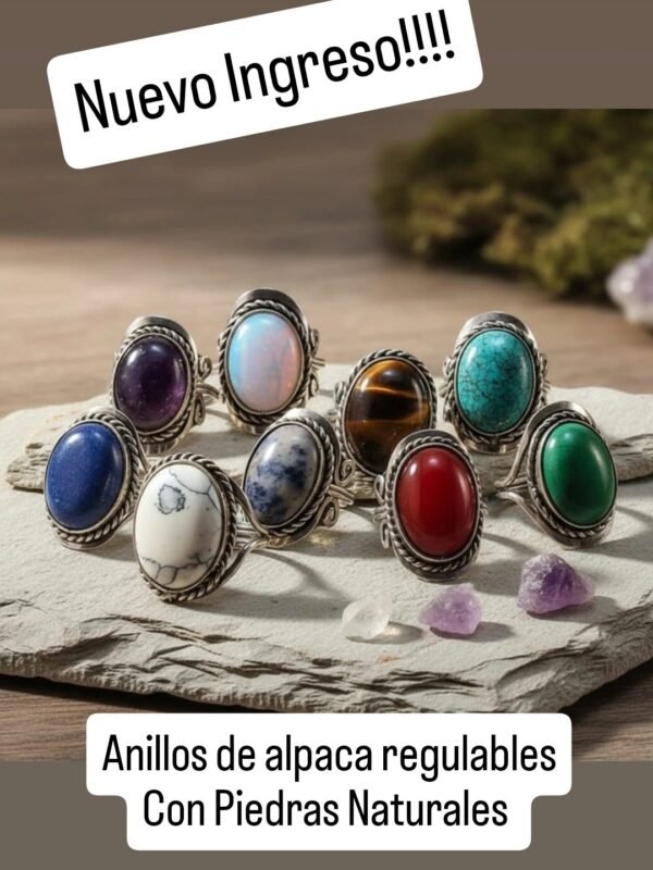 Pack Anillos alpaca regulables con piedras naturales x 12